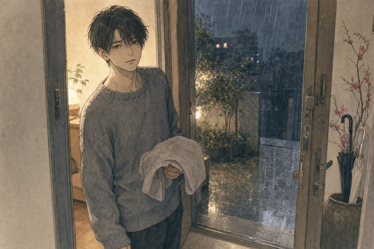 雨の夕方、タオルを持ったキャラクターが玄関の戸口にもたれて立っている